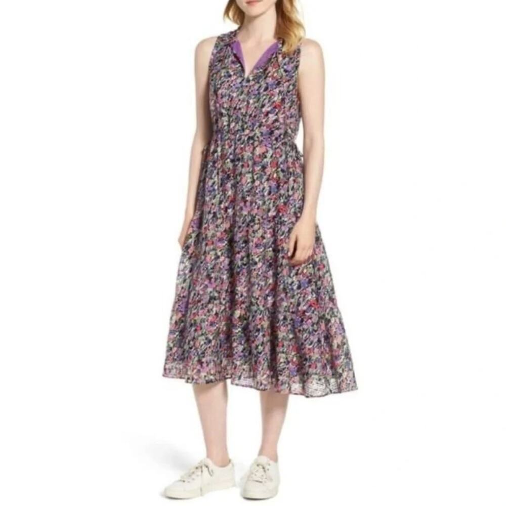 Nordstrom Signature 100% Silk Abstract Watercolor A-Line Midi Dress • Size 0